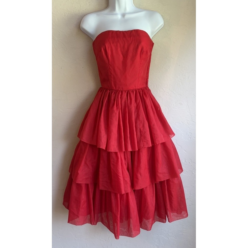 Vintage 1950s Handmade Strapless Tiered Ruffle Dress XS Organza New Look Boned